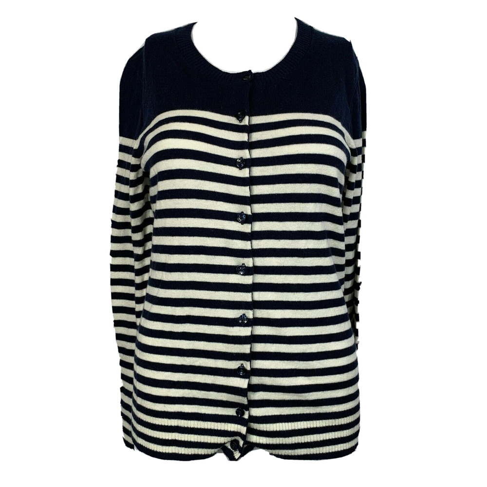 Gap Cardigan Womens Sz M Navy Blue White Striped‎ Sweater Cotton Button